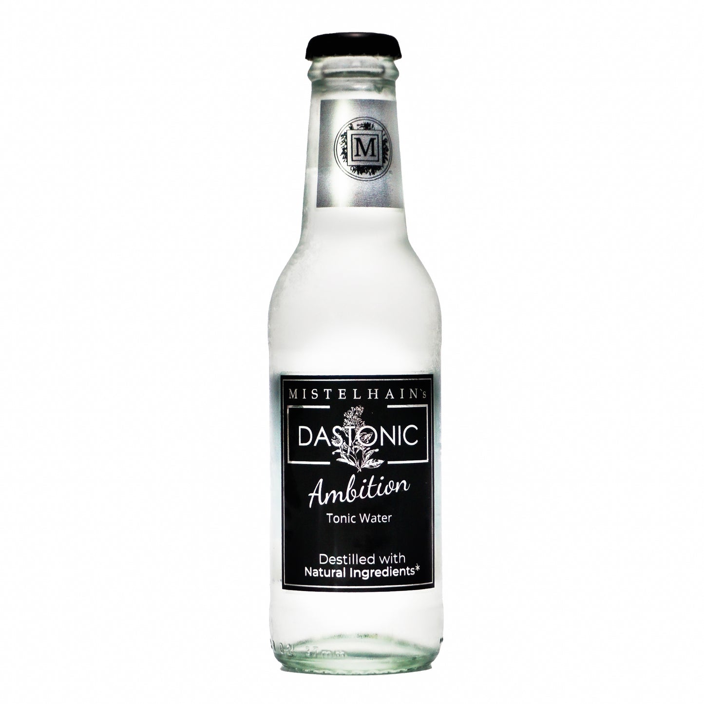 Tonic Water DASTONIC Ambition von Mistelhain in einer 200 ml Glasflasche mit schwarzen Etikett und Kronenkorken