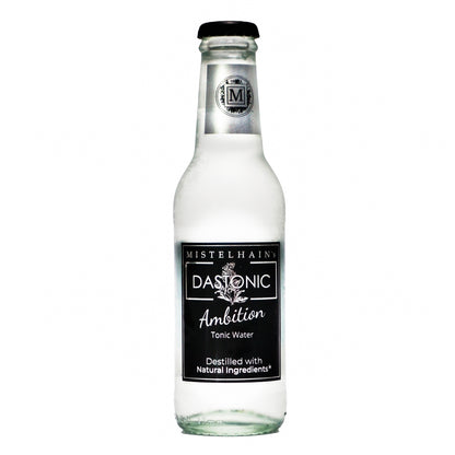 Tonic Water DASTONIC Ambition von Mistelhain in einer 200 ml Glasflasche mit schwarzen Etikett und Kronenkorken