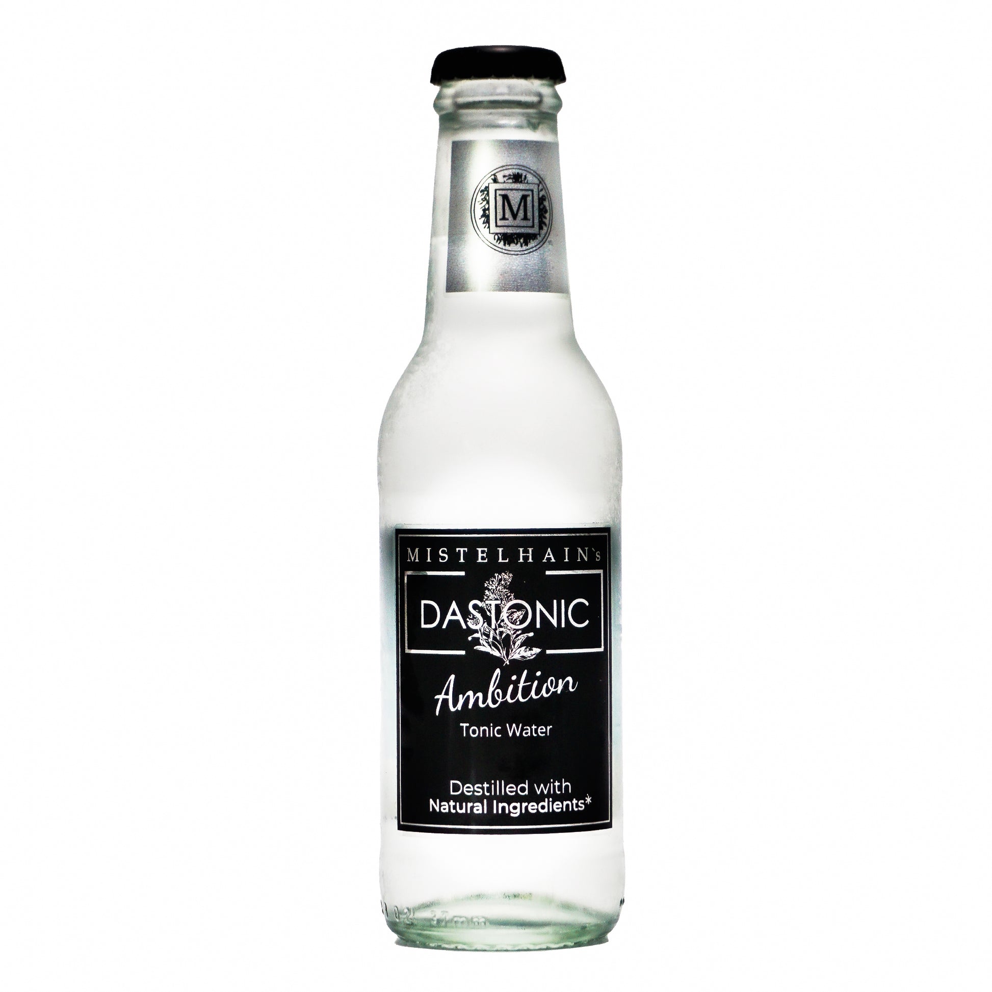 Tonic Water DASTONIC Ambition von Mistelhain in einer 200 ml Glasflasche mit schwarzen Etikett und Kronenkorken