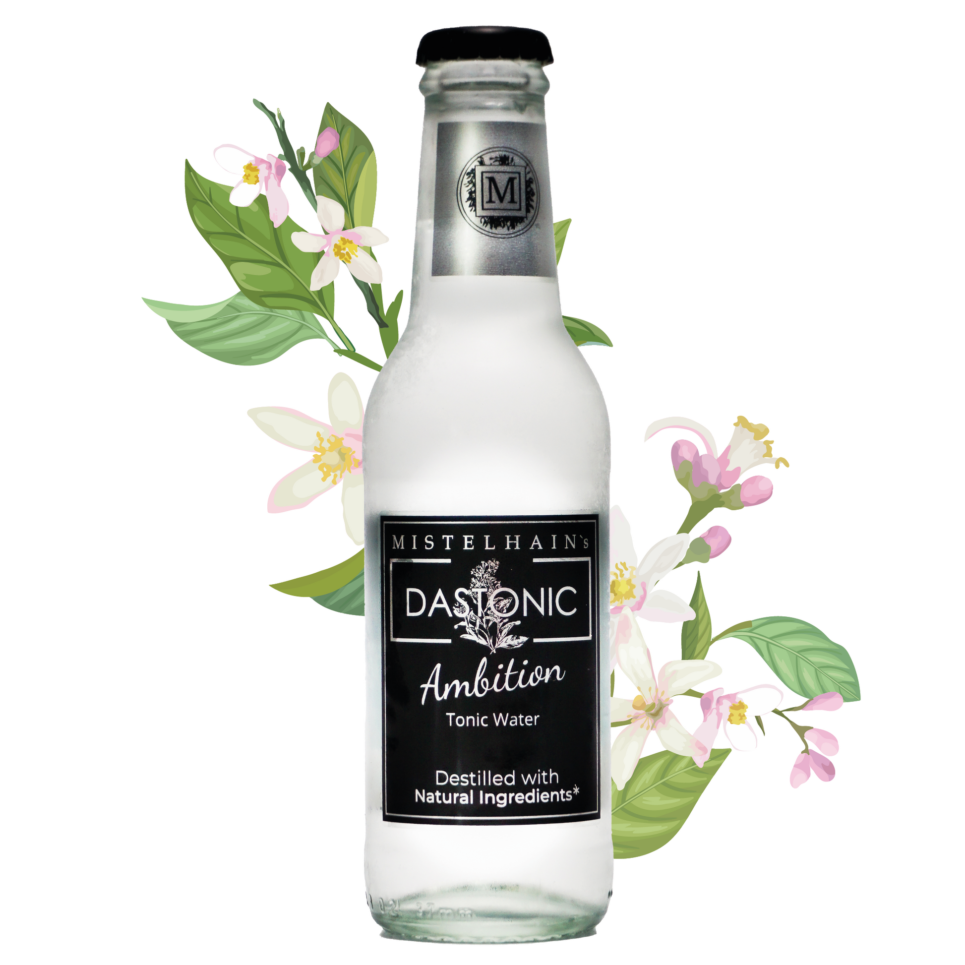 Tonic Water DASTONIC Ambition von Mistelhain in einer 200 ml Glasflasche mit schwarzen Etikett und Kronenkorken. Im Hintergrund sind Zitrus Blumen zu sehen.