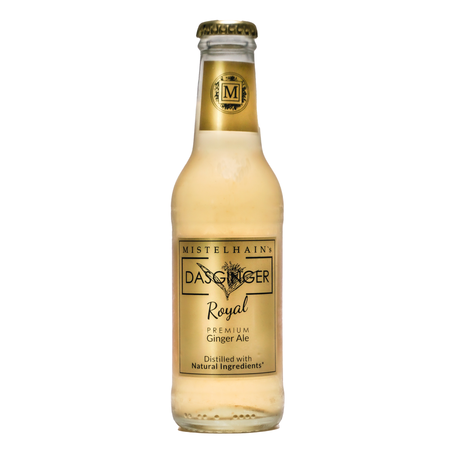 Bersteinfarbenes Ginger Ale in einer 200 ml Glasflasche mit goldenem Etikett und Kronenkorken.