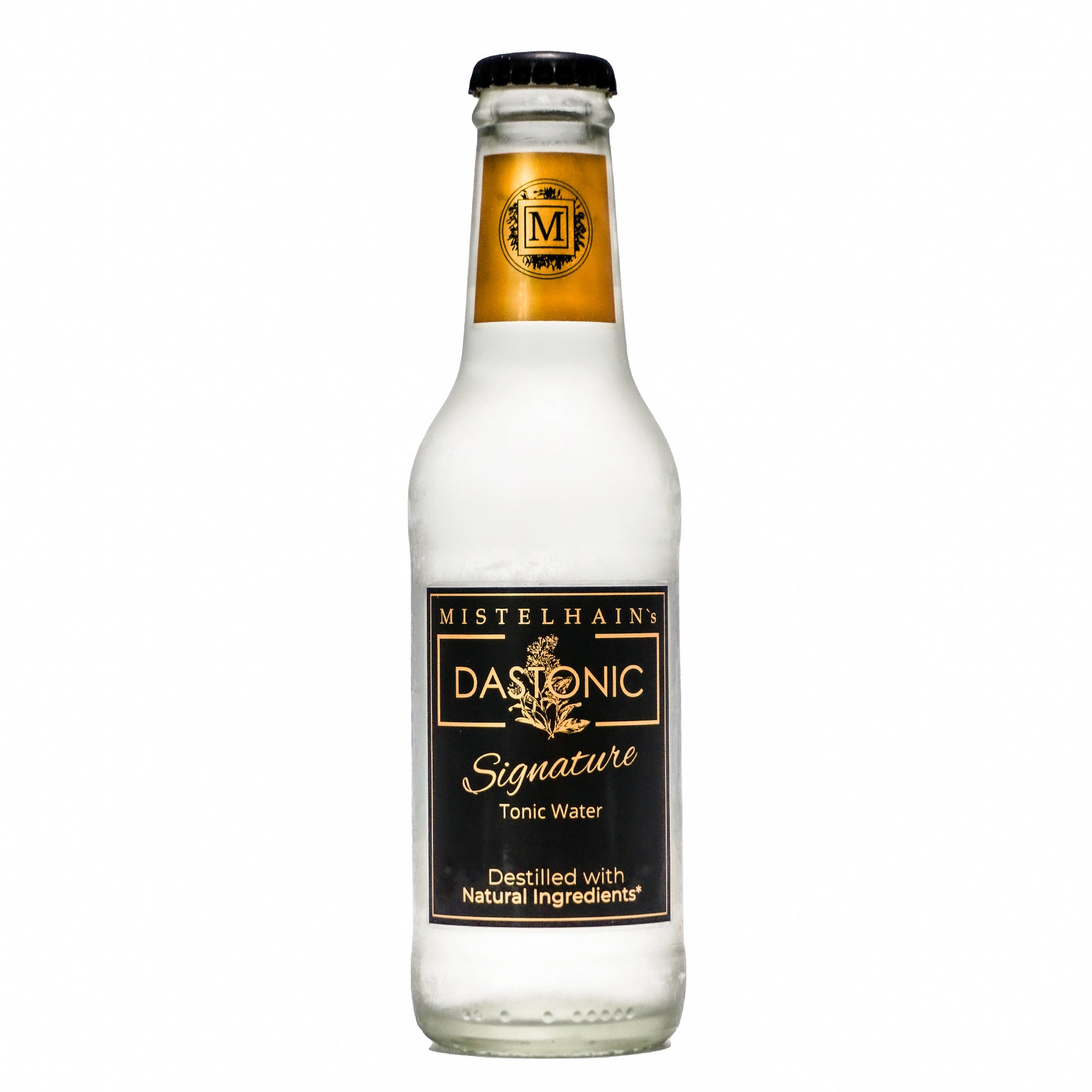 Tonic Water Mistelhain's DASTONIC Signature in einer 200 ml Glasflasche mit einem schwarz-silber Etiketten und Kronenkorken.