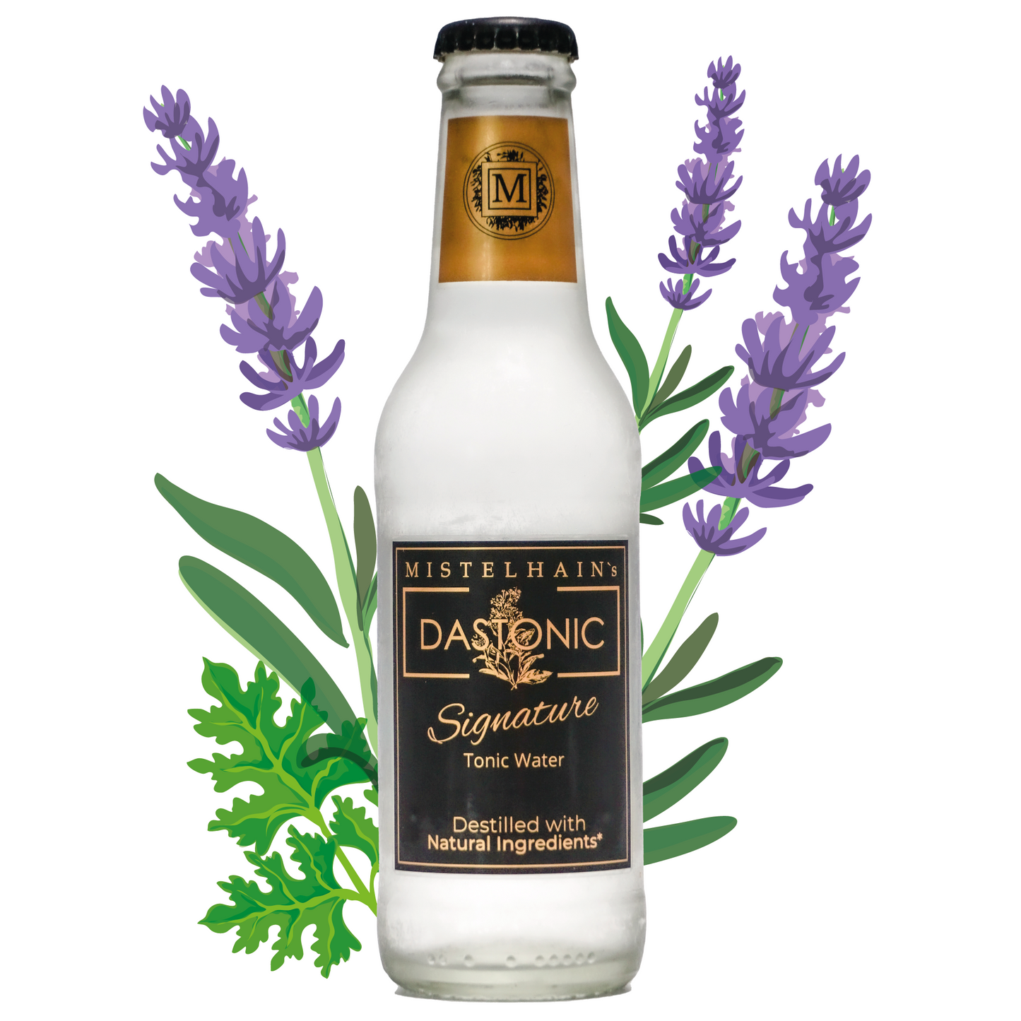 Tonic Water Mistelhain's DASTONIC Signature in einer 200 ml Glasflasche mit einem schwarz-silber Etiketten und Kronenkorken. Im Hintergrund sind Lavendel Blüten zu sehen.