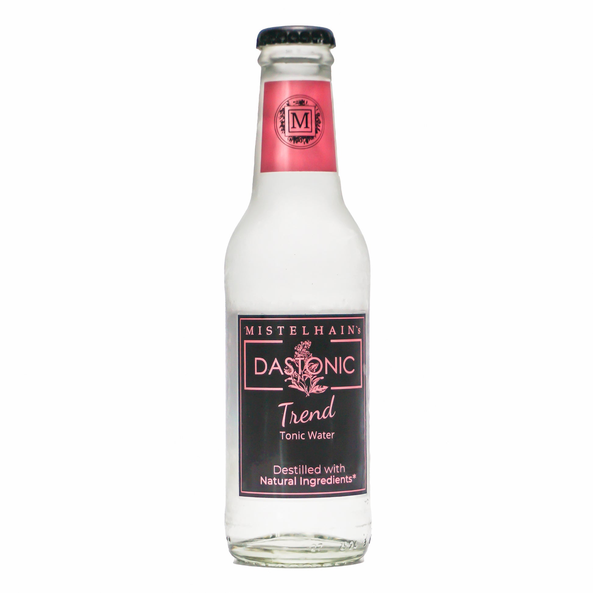 Tonic Water MIstelhain's DASTONIC Trend in einer 200 ml Glasflasche mit einem schwarz-rosa Etiketten und Kronenkorken.