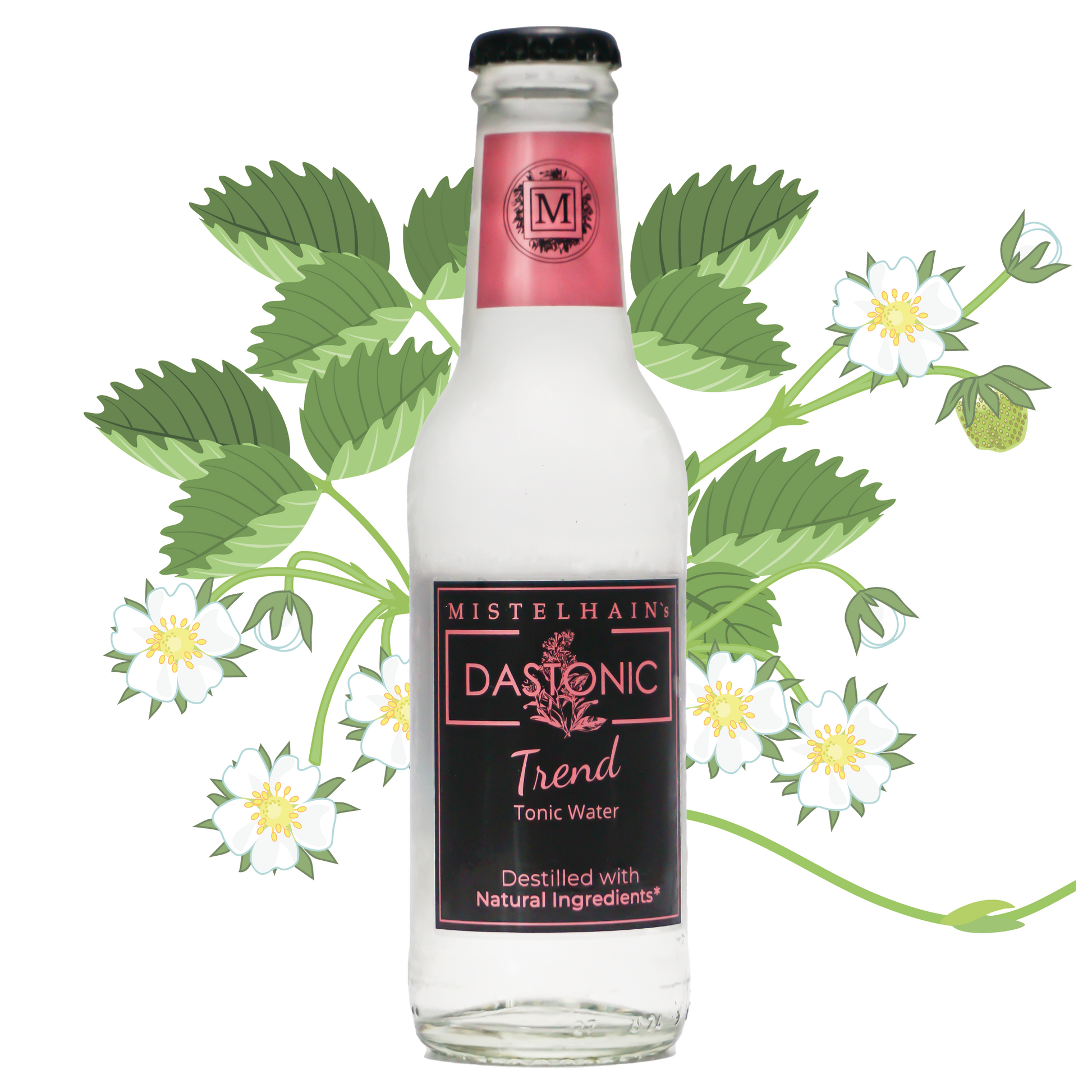 Tonic Water MIstelhain's DASTONIC Trend in einer 200 ml Glasflasche mit einem schwarz-rosa Etiketten und Kronenkorken. Im Hintergrund sind Erdbeer-Blüten zu sehen.